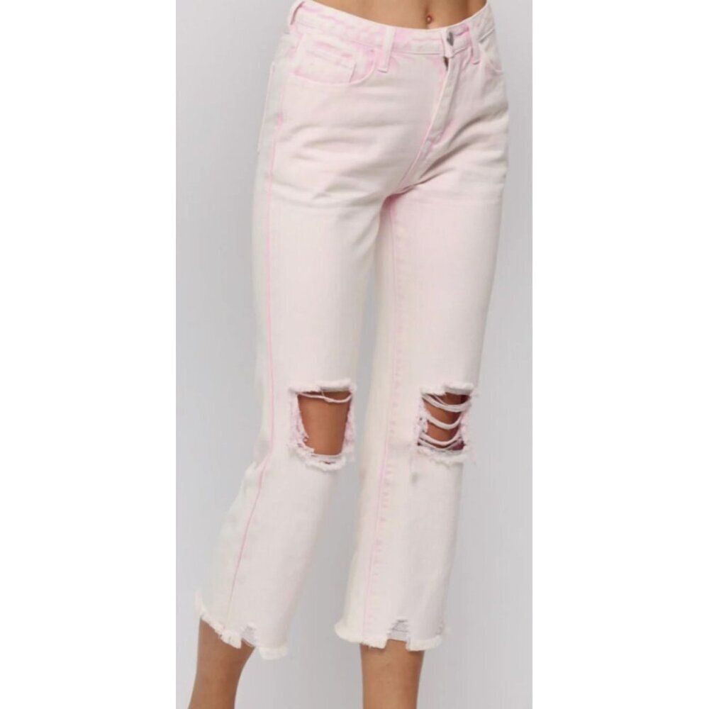 Fate Womens M Cropped High Rise Distressed Jeans in Washed Pink NWT